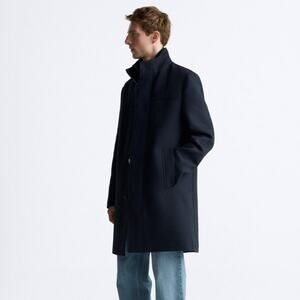 Zara Man navy blue tailored pea coat trench jacket full zip high collar